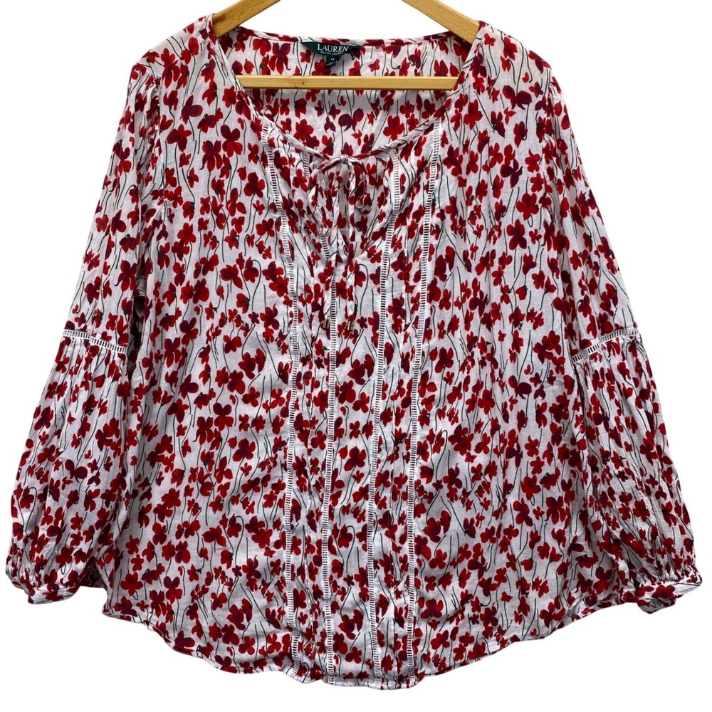 Lauren Ralph Lauren Red‎ Floral Cotton Peasant Blouse Split Neck Lace Trim 1X